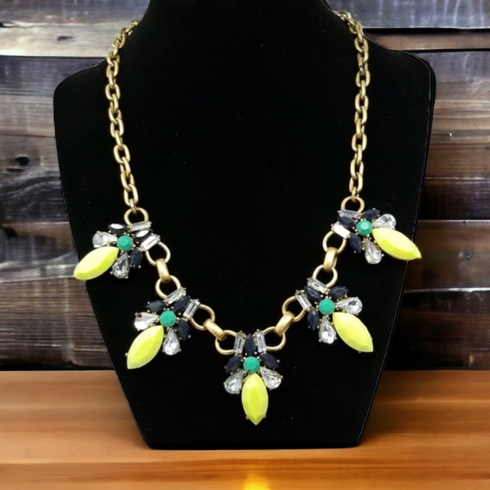 J. Crew 19" Green Blue Clear Rhinestone Gold tone Statement Necklace